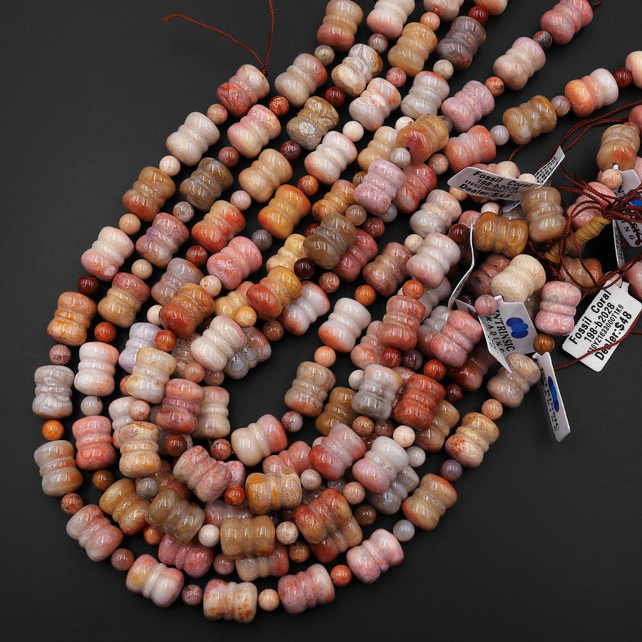 Carved Natural Vibrant Pink Orange Red Golden Fossil Coral Beads Barrel Drum Gemstone 14.5" Strand