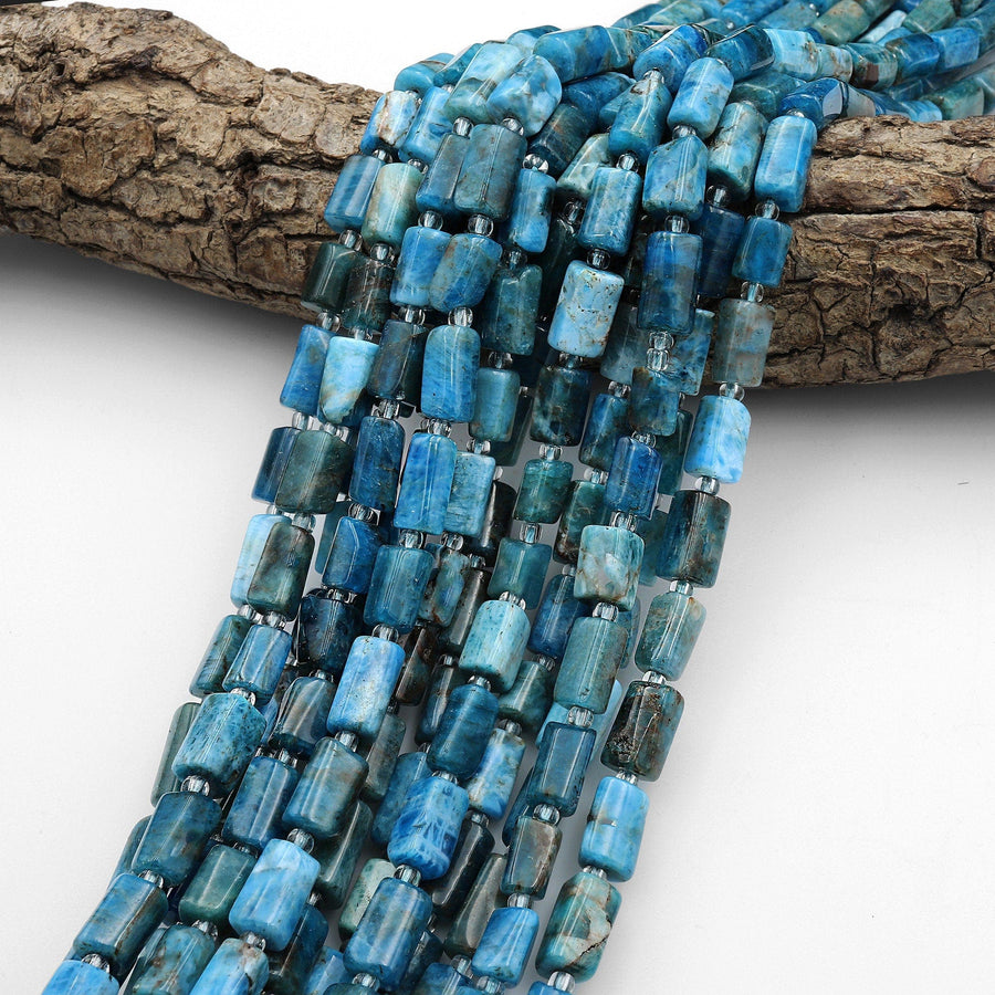 Natural Earthy Blue Apatite Smooth Tube Cylinder Beads 15.5" Strand