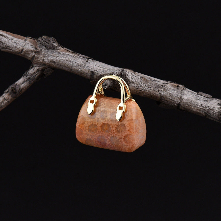Hand Carved Natural Indonesian Fossil Coral Focal Pendant Bead Purse Miniature Handbag Style OP0011