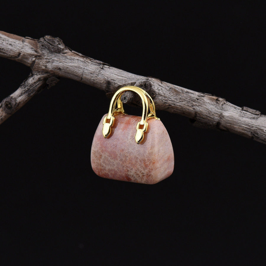 Hand Carved Natural Indonesian Fossil Coral Focal Pendant Bead Purse Miniature Handbag Style OP0013