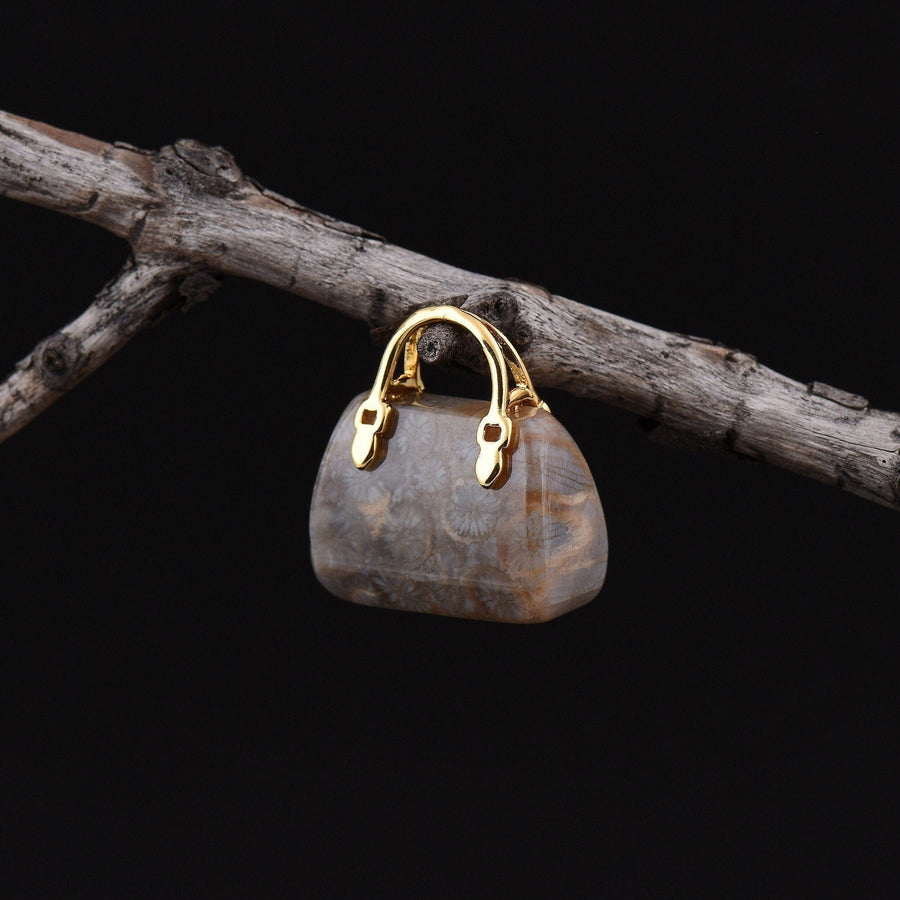 Hand Carved Natural Indonesian Fossil Coral Focal Pendant Bead Purse Miniature Handbag Style OP0016