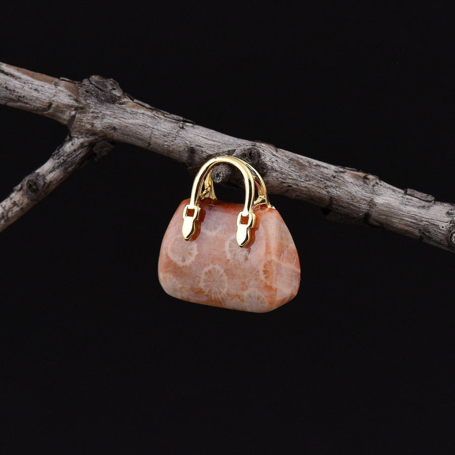 Hand Carved Natural Indonesian Fossil Coral Focal Pendant Bead Purse Miniature Handbag Style OP0020