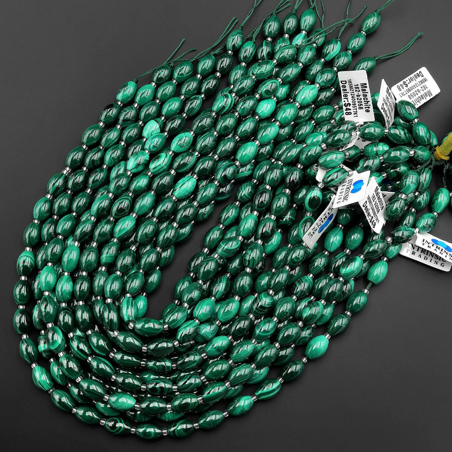 AAA Natural Green Malachite Drum Barrel Beads 10mm 12mm Gemstone From Congo 15.5" Strand