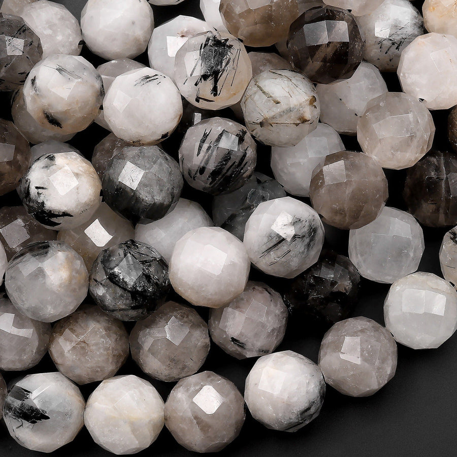 Large Faceted Black Tourmaline Rutilated Rutile Quartz Round Beads 12mm 15.5" Strand