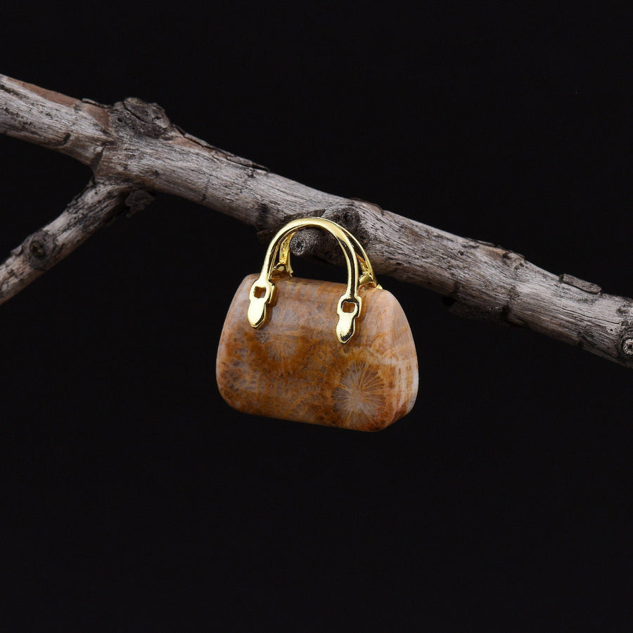 Hand Carved Natural Indonesian Fossil Coral Focal Pendant Bead Purse Miniature Handbag Style OP0012