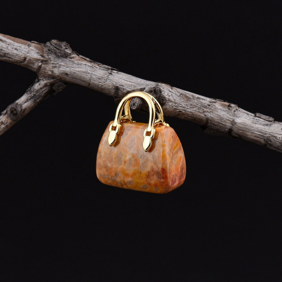 Hand Carved Natural Indonesian Fossil Coral Focal Pendant Bead Purse Miniature Handbag Style OP0014