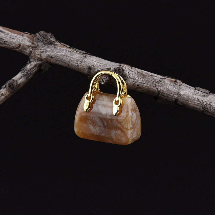 Hand Carved Natural Indonesian Fossil Coral Focal Pendant Bead Purse Miniature Handbag Style OP0018