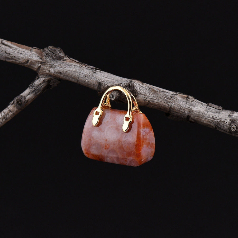 Hand Carved Natural Indonesian Fossil Coral Focal Pendant Bead Purse Miniature Handbag Style OP0019
