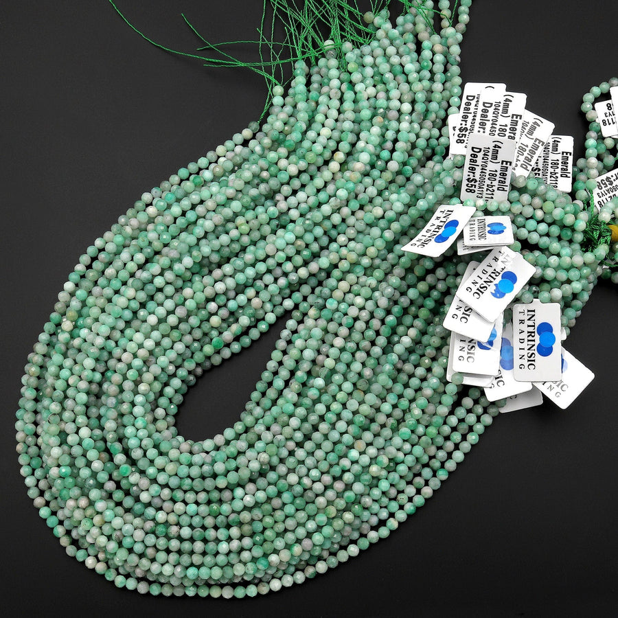 Real Genuine Natural Colombia Soft Green Emerald Gemstone Faceted 4mm Round Beads Laser Diamond Cut Gemstone May Birthstone 15.5" Strand