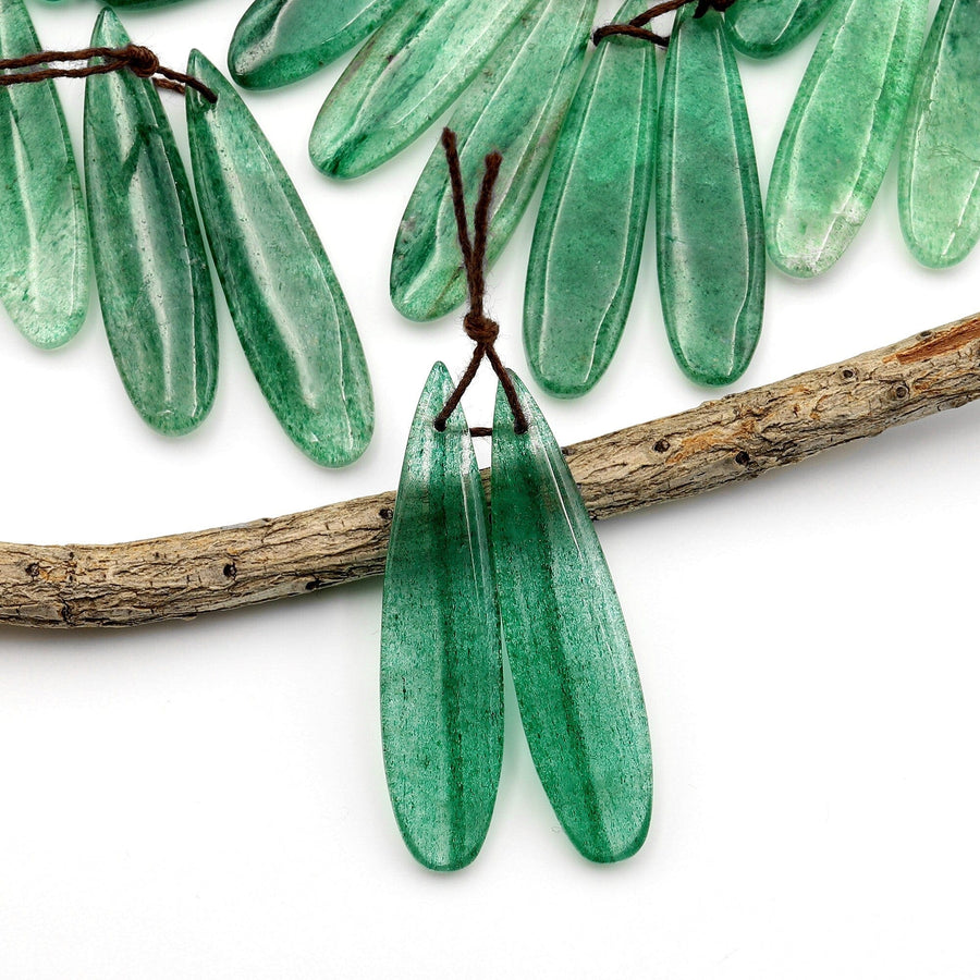 Natural African Green Chalcedony Earring Pair Drilled Gemstone Thin Long Teardrop Matched Beads A3