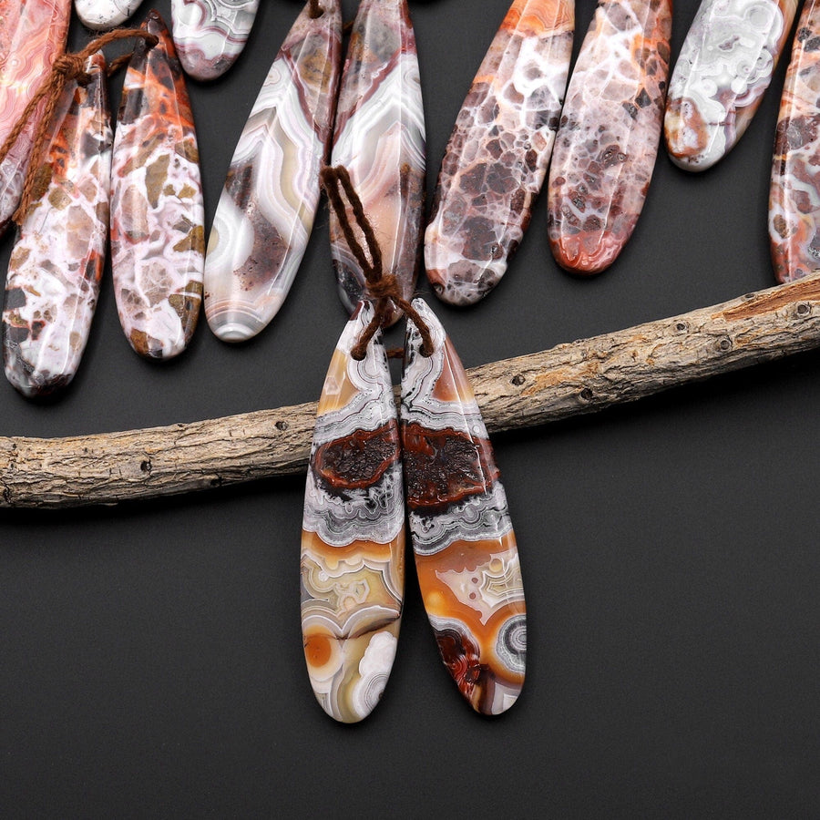 Natural Red Pink White Laguna Lace Agate Long Slender Teardrop Earring Drilled Matched Gemstone Bead Pair A5