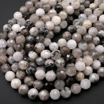 Large Faceted Black Tourmaline Rutilated Rutile Quartz Round Beads 12mm 15.5" Strand