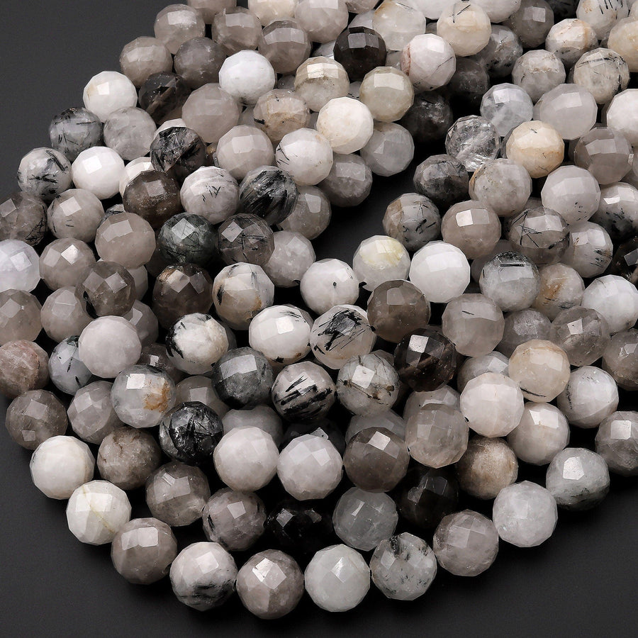 Large Faceted Black Tourmaline Rutilated Rutile Quartz Round Beads 12mm 15.5" Strand