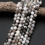 Large Faceted Black Tourmaline Rutilated Rutile Quartz Round Beads 12mm 15.5" Strand