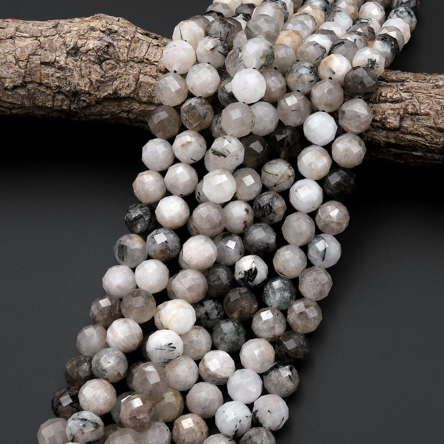 Large Faceted Black Tourmaline Rutilated Rutile Quartz Round Beads 12mm 15.5" Strand