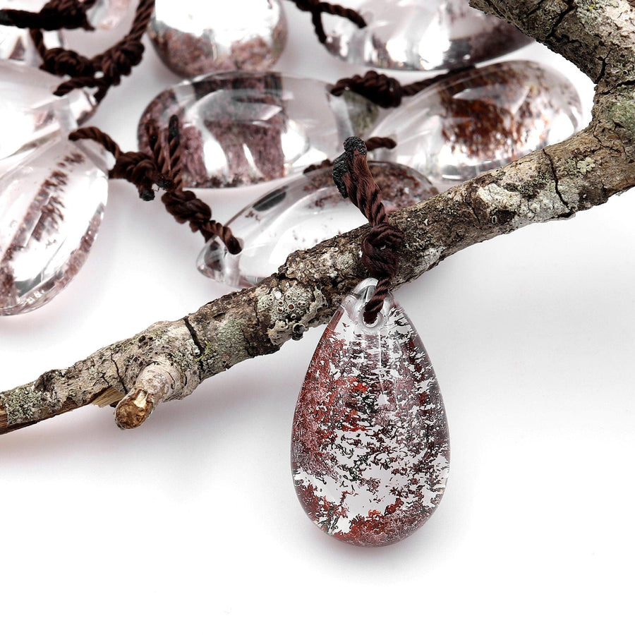 AAA Natural Lodalite Phantom Quartz Long Teardrop Pendant Gemstone Focal Bead Extra Clear A3