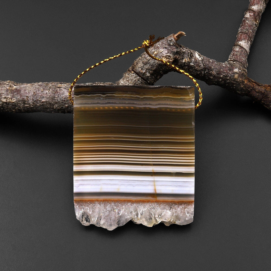 Natural Brown White Amethyst Stalactite Rectangle Pendant Flat Slice P0191