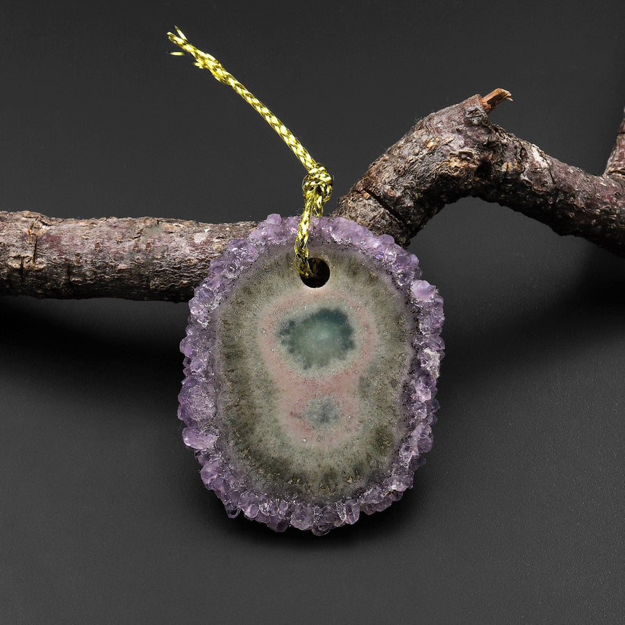 Natural Amethyst Stalactite Flower Pendant Flat Slice Freeform One of a Kind P0196