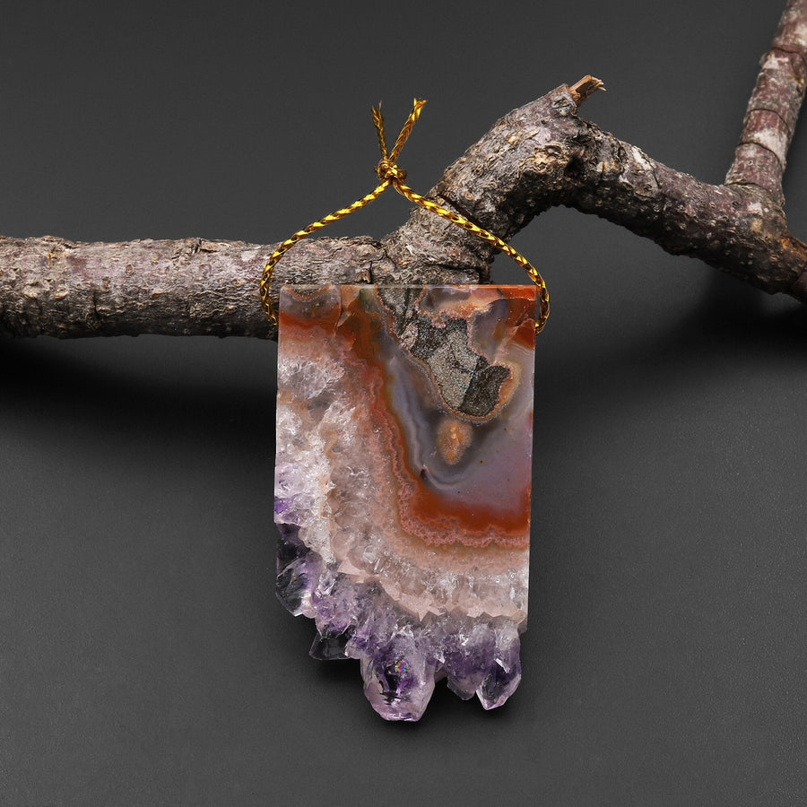 Natural Red Purple Amethyst Stalactite Druzy Pendant Side Drilled Flat Slice Rectangle P0202