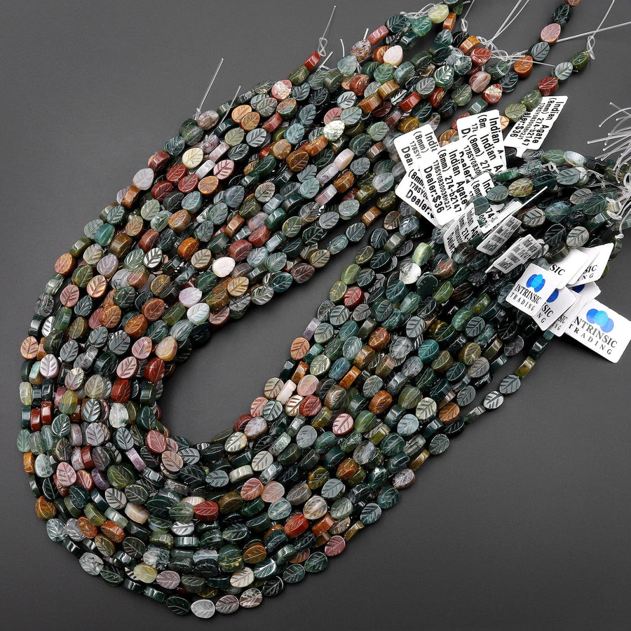 Natural Indian Agate Hand Carved Fall Leaf Gemstone Beads 15.5" Strand