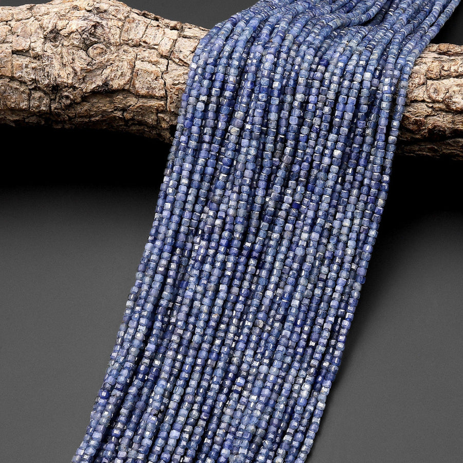 Natural Blue Sapphire Faceted Gemstone Cube Beads 2mm from Sri Lanka 15.5" Strand