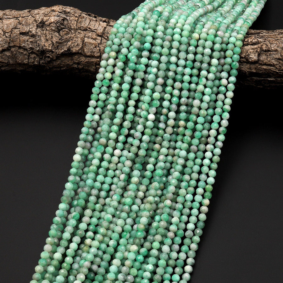 Real Genuine Natural Colombia Soft Green Emerald Gemstone Faceted 4mm Round Beads Laser Diamond Cut Gemstone May Birthstone 15.5" Strand