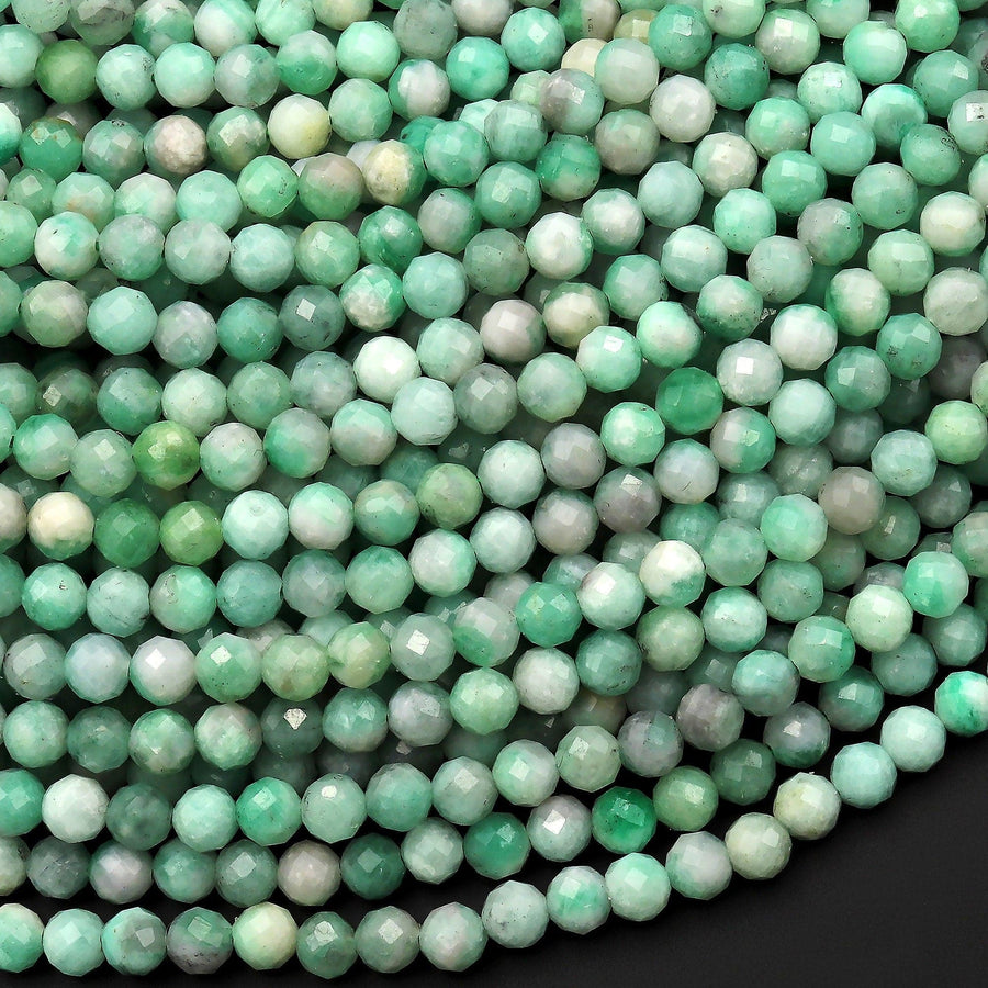 Real Genuine Natural Colombia Soft Green Emerald Gemstone Faceted 4mm Round Beads Laser Diamond Cut Gemstone May Birthstone 15.5" Strand
