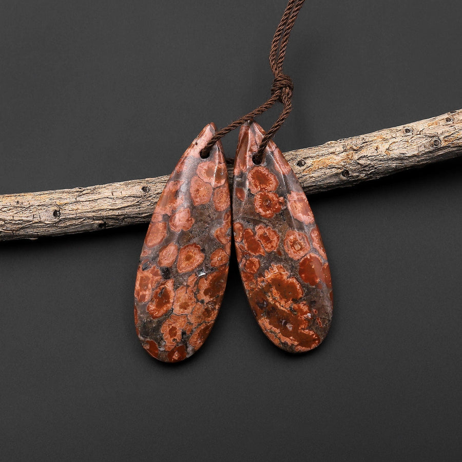 Natural Leopard Skin Orbicular Jasper Earring Pair Gemstone Drilled Matched Teardrop Beads A3