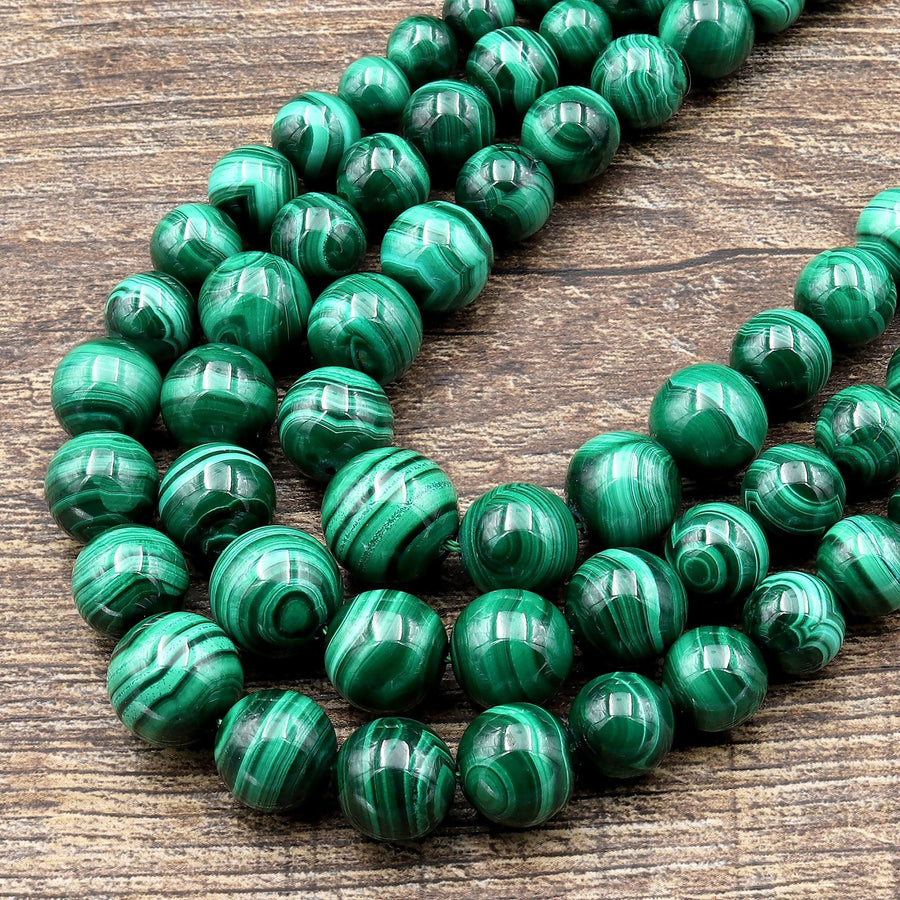 AAA Graduated Natural Green Malachite Smooth Round Beads 18.5" Long Finished Necklace Strand