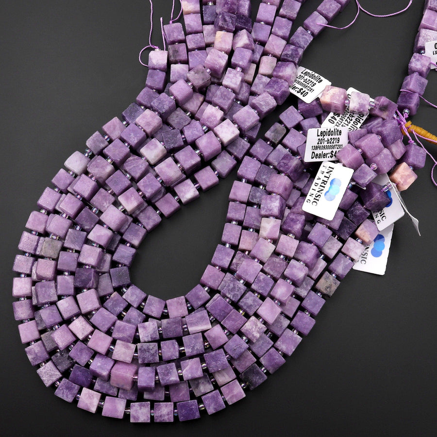 Natural Lilac Purple Lepidolite 8mm Cube Beads 15.5" Strand