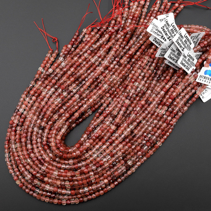 Faceted Rare Natural Red Lazasine (Andesine-Red Labradorite) 4mm Cube Beads 15.5" Strand