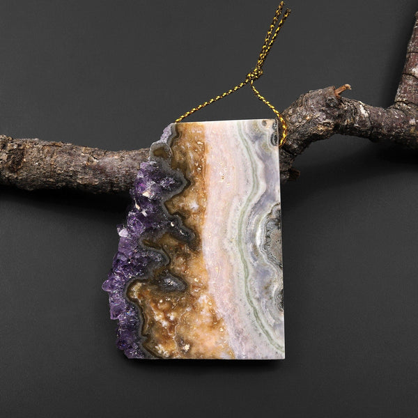 Natural Purple Green Amethyst Stalactite Druzy Pendant Side Drilled Flat Slice Rectangle P0200