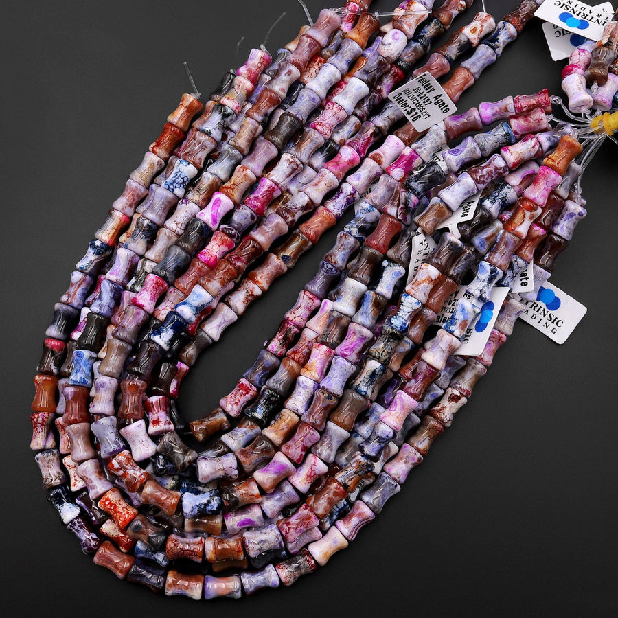 Natural Fantasy Fire Agate Bamboo Stem Tube Cylinder Beads 15" Strand