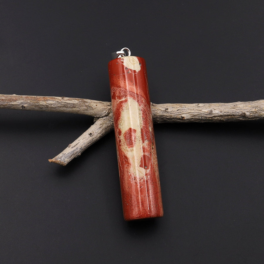 Ghost Face Natural Red River Jasper Long Cylinder Pendant Natural Crystal Stone Focal Bead Skull A3