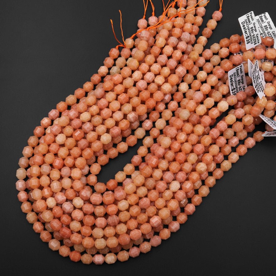 Faceted Natural Peach Orange Calcite 8mm Rounded Prism Beads 15.5" Strand