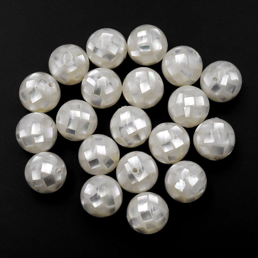 10pcs Hand Made Natural White Mother of Pearl Mosaic Round Loose Beads 8mm 10mm 12mm 14mm