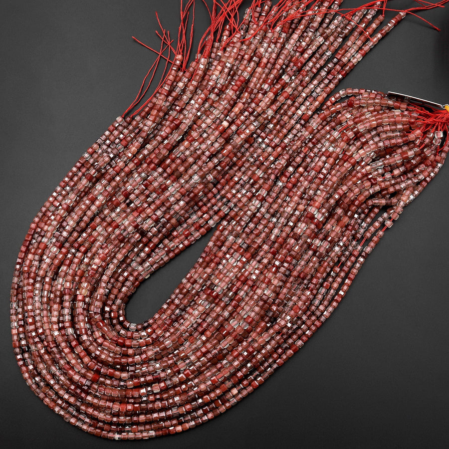Faceted Rare Natural Red Lazasine (Andesine-Red Labradorite) 3mm Cube Beads 15.5" Strand