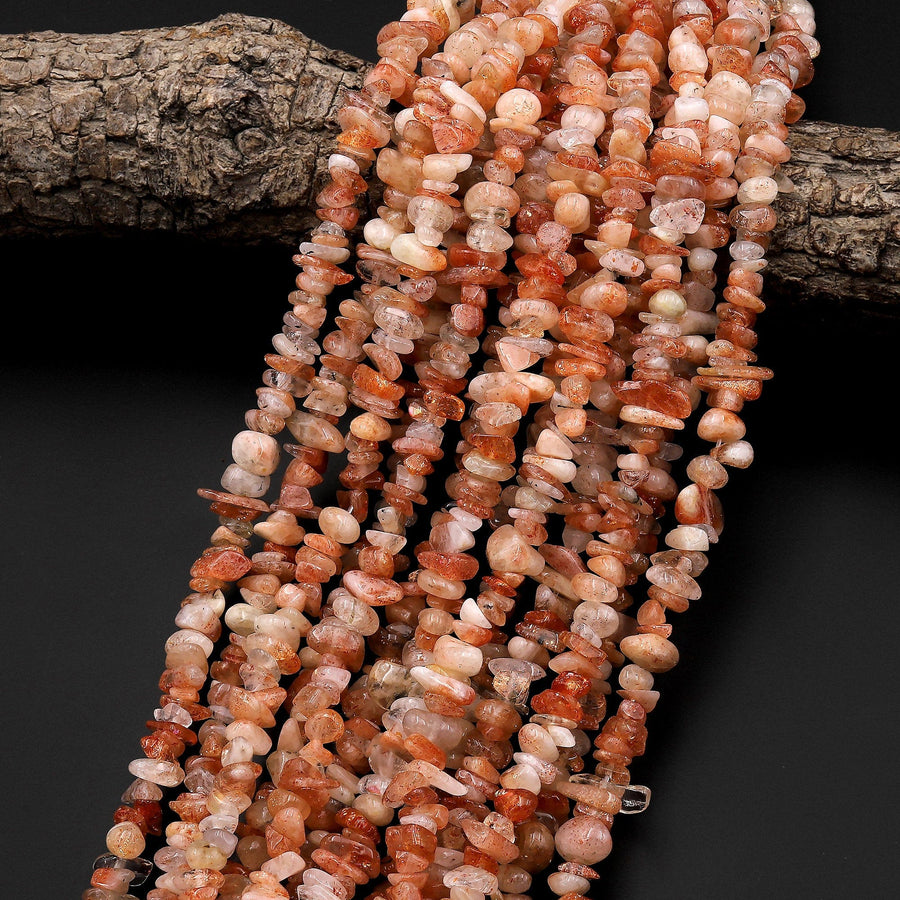 Natural Orange Sunstone Freeform Rondelle Chip Beads Sparkling Golden Feldspar 15.5" Strand
