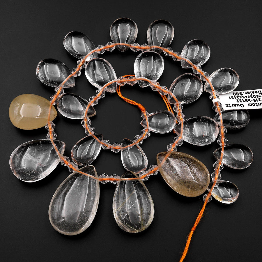 Super Clear Natural Phantom Rutile Quartz Teardrop Beads Side Drilled Pendants 15.5" Strand