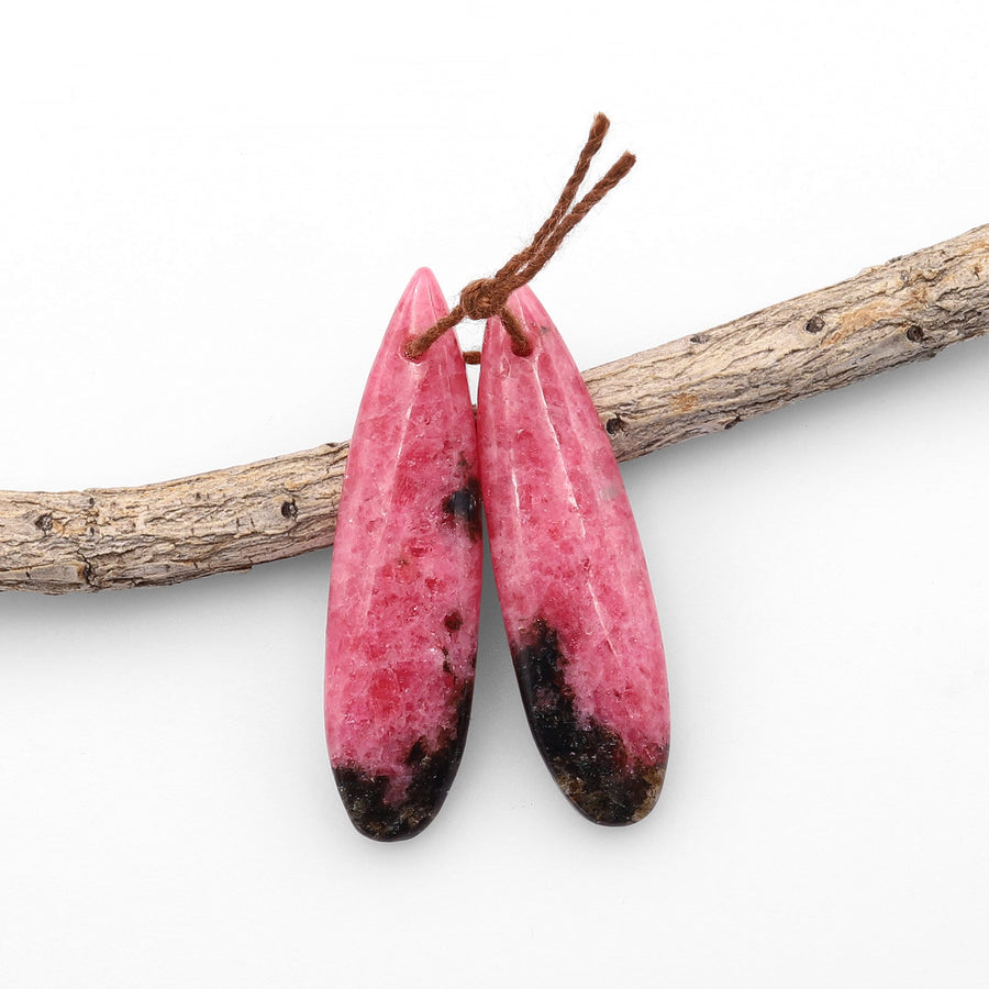 Natural Red Pink Rhodonite In Quartz Black Matrix Earring Pair Teardrop Cabochon Drilled Matched Gemstone Beads A4