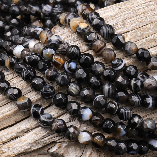 Faceted Natural Black Brown Sardonyx Agate 4mm Round Beads 15.5" Strand