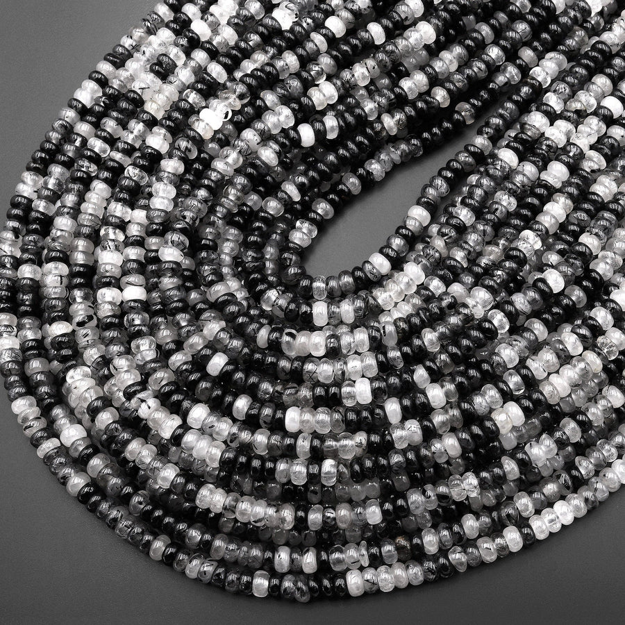 Natural Black Tourmaline Rutilated Quartz Thin Rondelle 4mm Beads 15.5" Strand