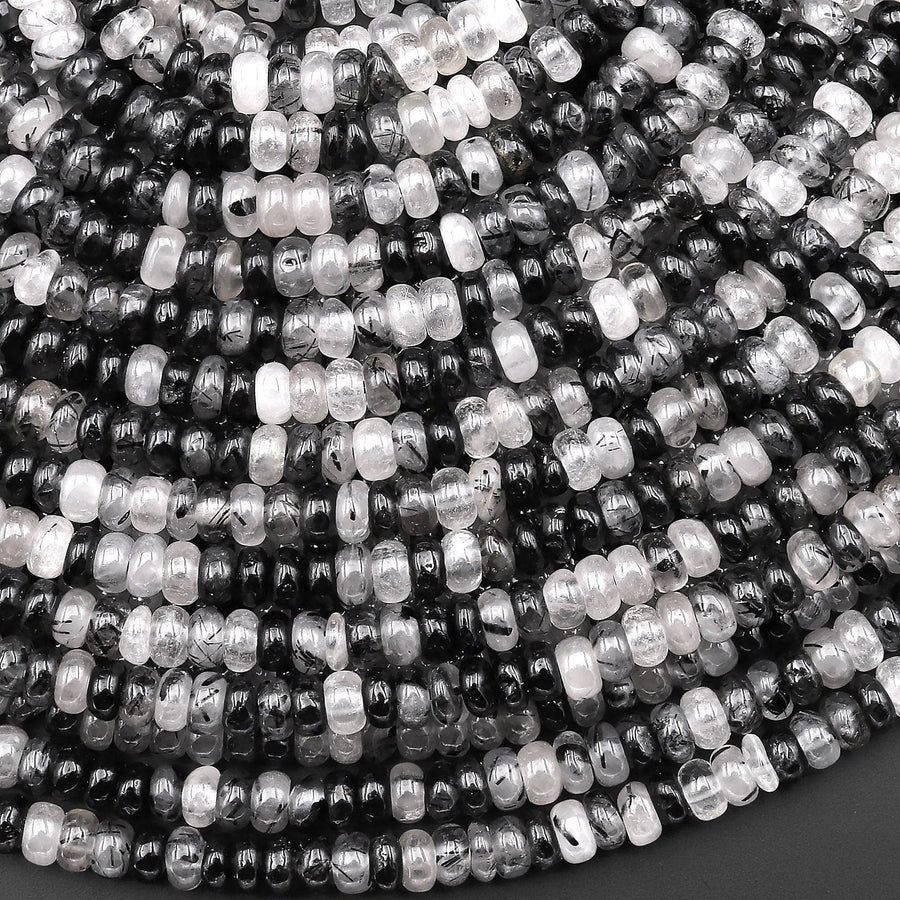 Natural Black Tourmaline Rutilated Quartz Thin Rondelle 4mm Beads 15.5" Strand