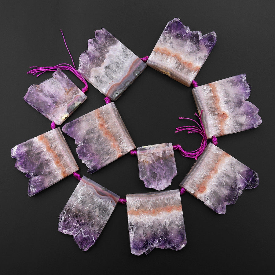 Rare Natural Orange Purple Amethyst Slice Pendants Focal Beads Top Side Drilled Gemstone 15.5" Strand B0308