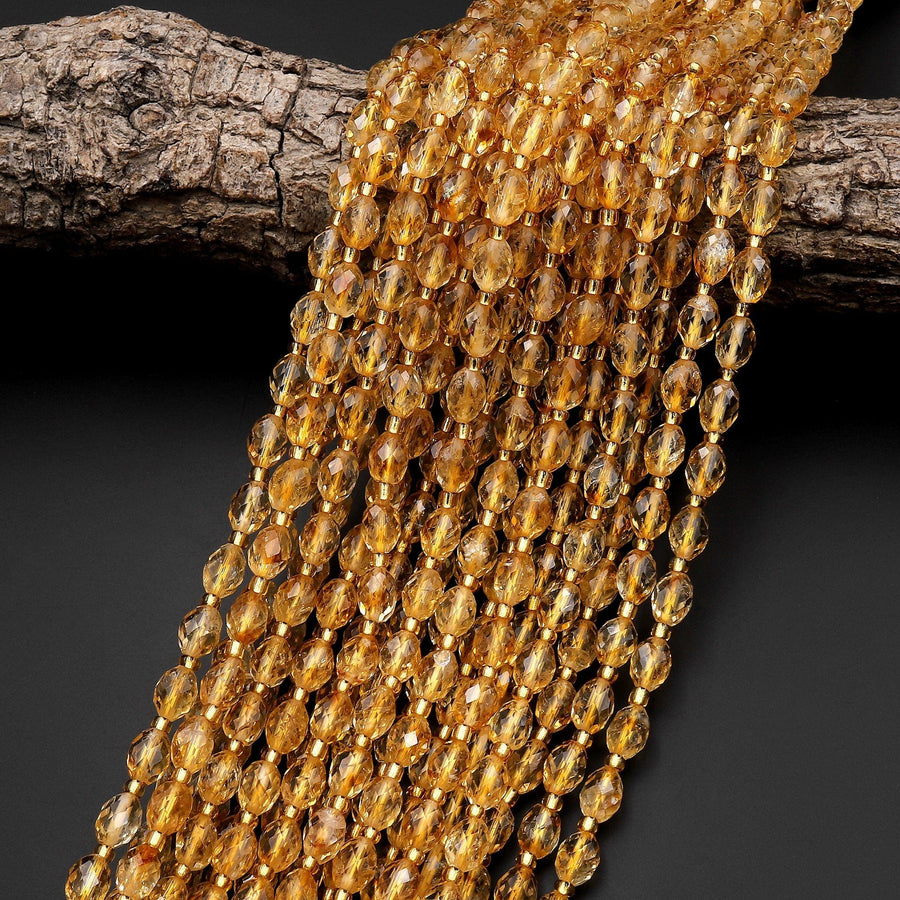 Flashy Natural Golden Citrine Amethyst Faceted Drum Barrel Rice Beads 15.5" Strand