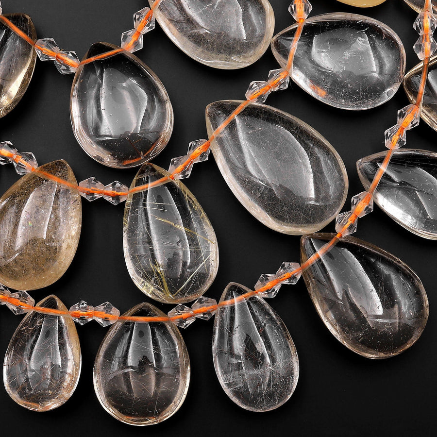 Super Clear Natural Phantom Rutile Quartz Teardrop Beads Side Drilled Pendants 15.5" Strand