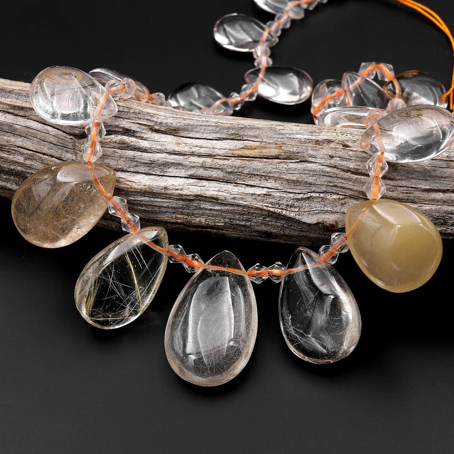 Super Clear Natural Phantom Rutile Quartz Teardrop Beads Side Drilled Pendants 15.5" Strand