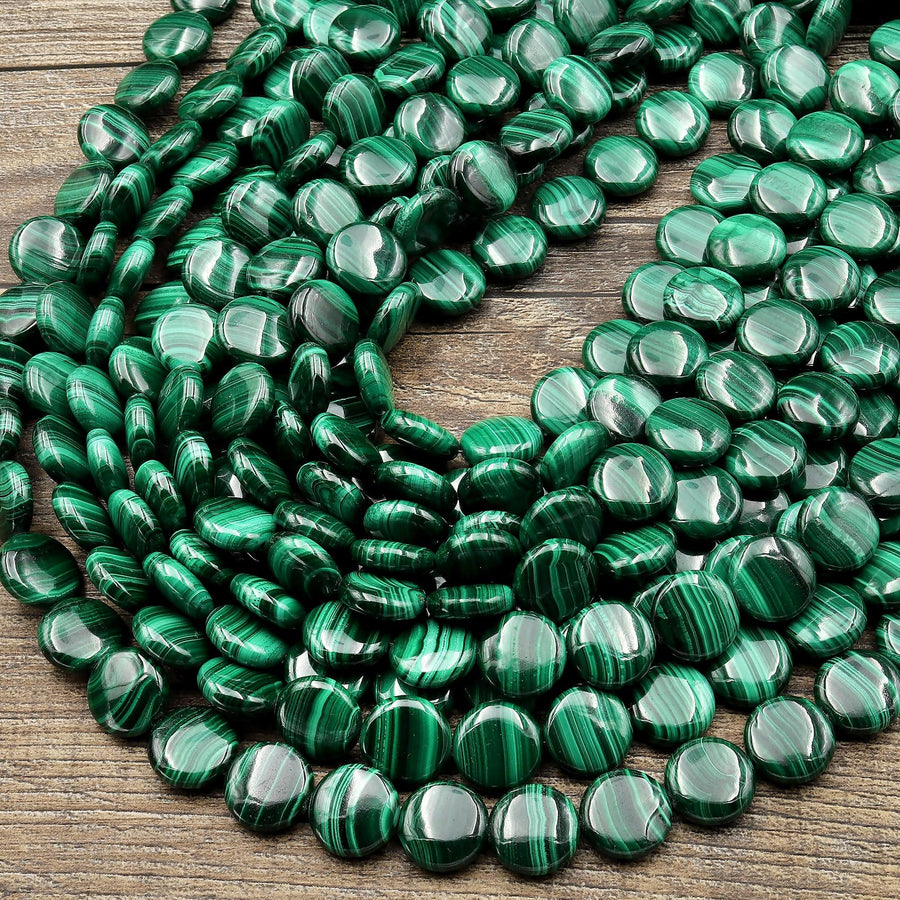 AAA Natural Green Malachite Smooth Coin Beads 12mm Gemstone From Congo 15.5" Strand
