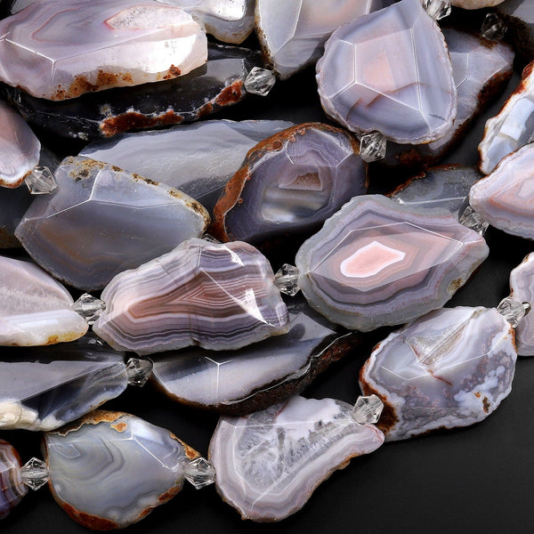 Rare Natural Botswana Agate Beads Gray Mauve Pink Faceted Slice Slab Focal Pendant Freeform Geode Shape 15.5" Strand