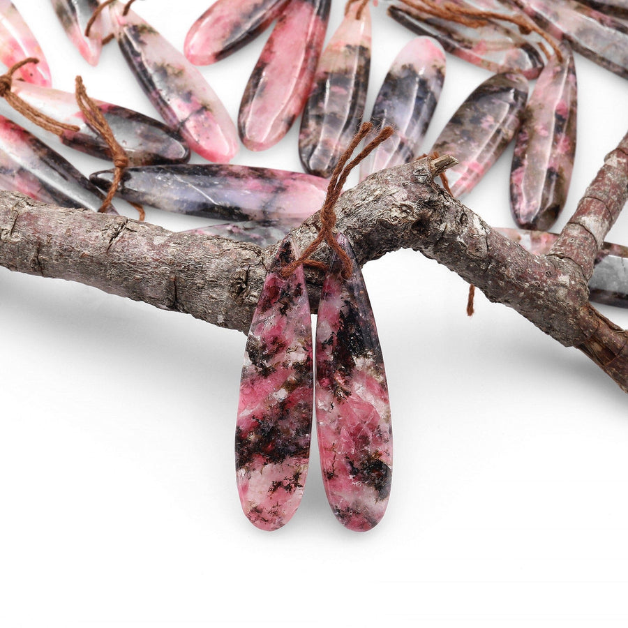 Natural Red Pink Rhodonite In Quartz Black Matrix Earring Pair Teardrop Cabochon Drilled Matched Gemstone Beads A1